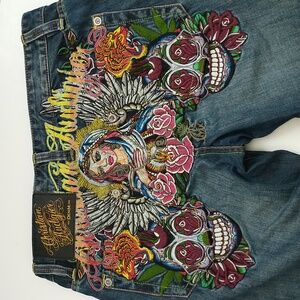 Christian Audigier Denim with Colorful Skull and Rose Embroidery. Size W32 L34